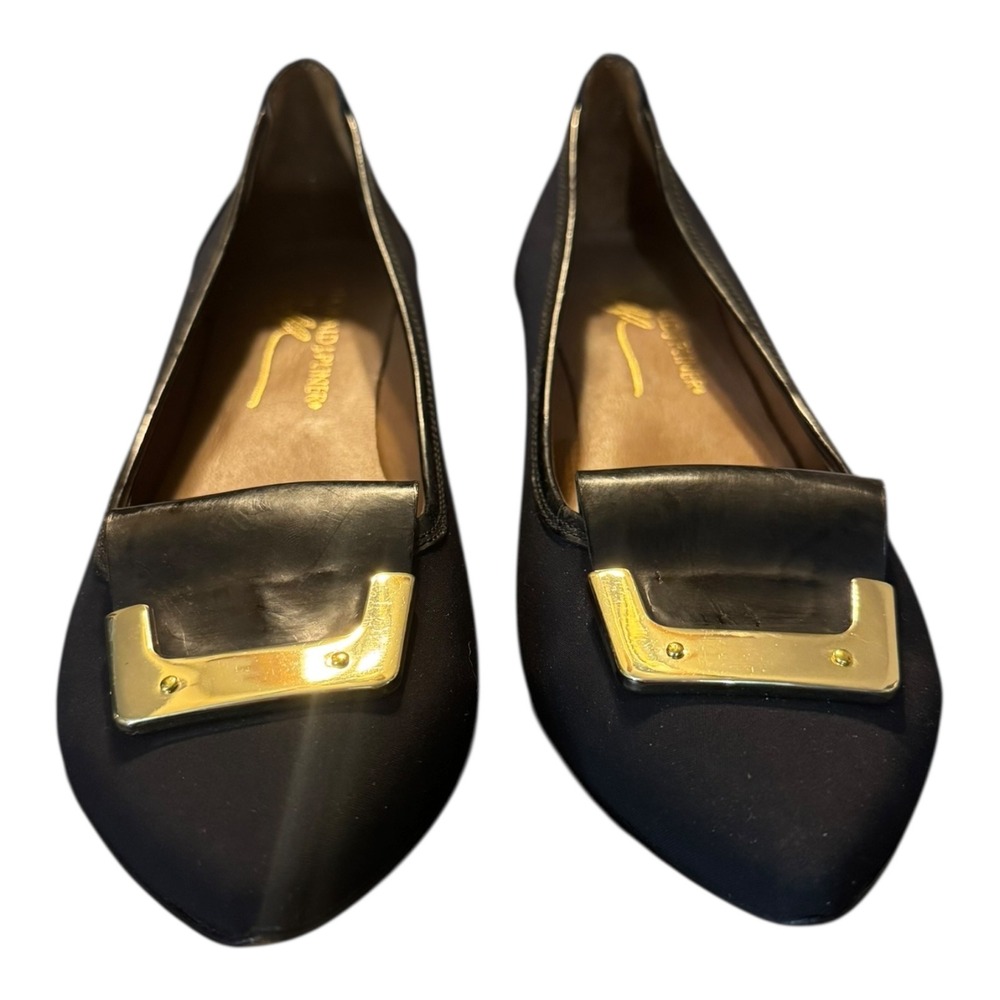 Donald‎ J Pliner Womens Nila Mini Wedge Flat 6.5 Black Suede Patent Gold Buckle - Picture 6 of 12